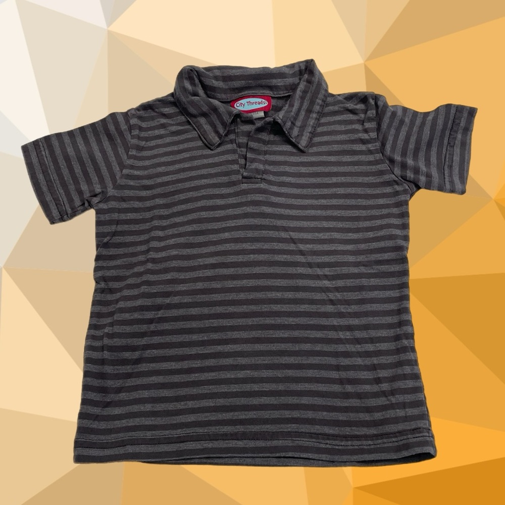 Handsome Short Sleeve Shirt w/ V-Neck Collar Black/Gray Striped 2T City Threads